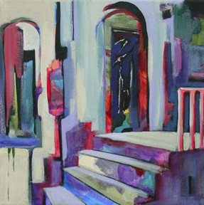abstracted painting of stairs and a building