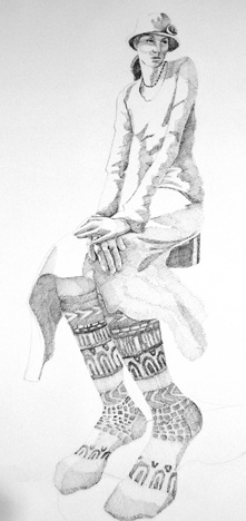 ink drawing of female model, clothed