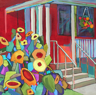 contemporary painting with building and flowers by Carolee Clark