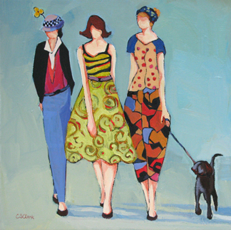 three women and a dog painting by Carolee Clark