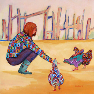contemporary figure painting of woman with chickens by Carolee Clark