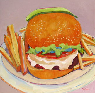painting of burger and fries by Carolee Clark