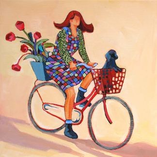 woman on a bicycle painting by Carolee Clark