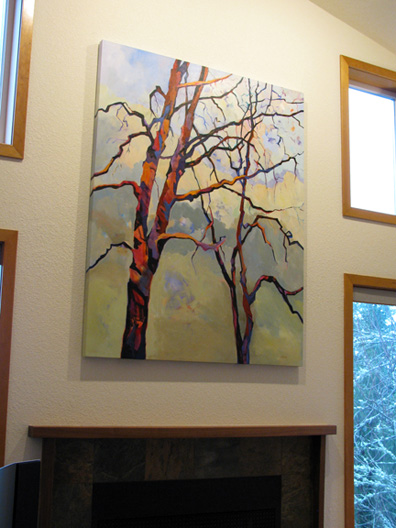 painting "Entanglements" by Carolee Clark hanging in situ living room